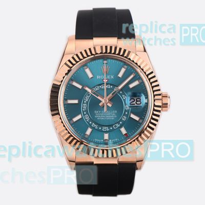 ES Factory Super Replica Rolex Sky-Dweller Ice Blue Dial Rose Gold Case Oysterflex Watch 